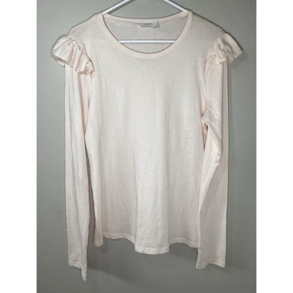 FRAME Womens Light Pink Ruffle Shoulder Long Sleeve Cotton Tee Large